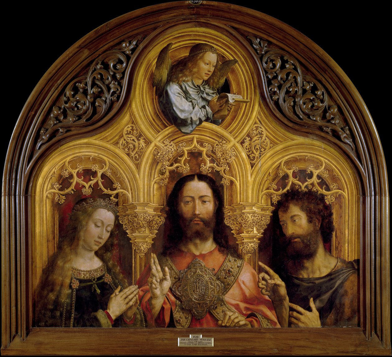 Cristo entre a Virgem Maria e São João Baptista - Peinture de Jan Gossaert (Gossart) dit Mabuse (ca. 1478-1532) - 1510-1515 - Óleo sobre madeira - 122x133 - Museo del Prado, Madrid de Jan (c.1472 c.1533) Gossaert