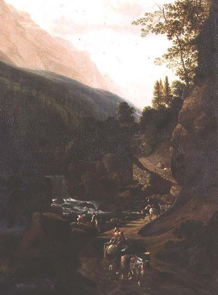 Muletas em um caminho de montanha por uma torrente de Jan (circle of) Hackaert