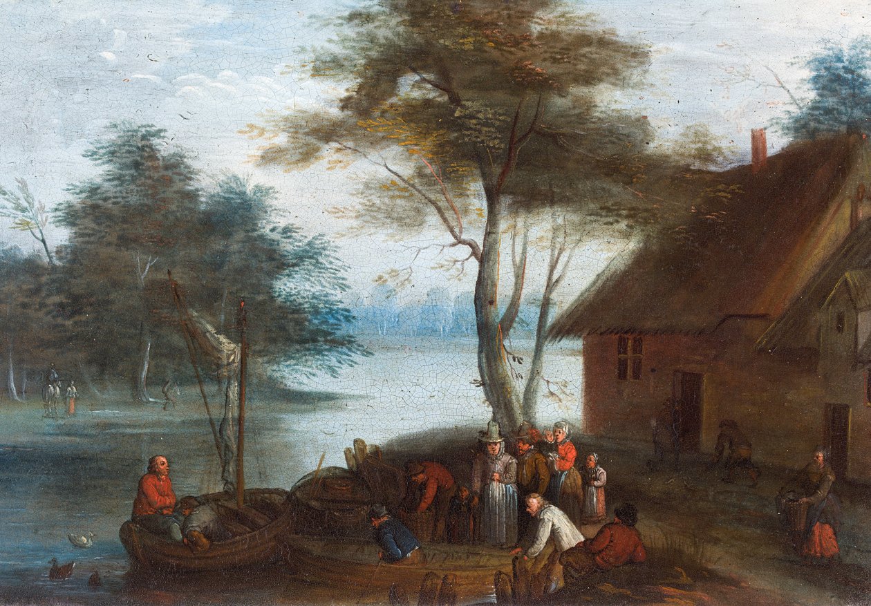 Uma paisagem fluvial com figuras de um edifício a entrar em barcos de Jan (follower of) Brueghel