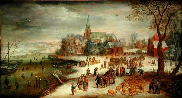 Uma vista de Shelle e do rio Scheldt no inverno com um mercado e patinadores de Jan (follower of) Brueghel