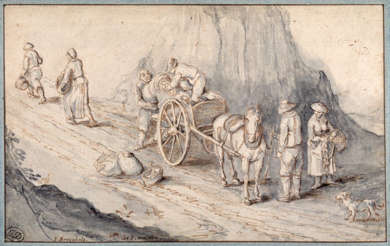 Camponeses carregando um carrinho de um cavalo com vegetais de raiz (caneta e tinta com lavagem em papel) de Jan (follower of) Brueghel