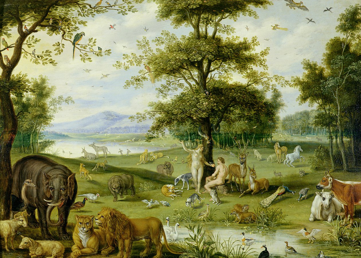 Adão e Eva no Jardim do Éden, c.1600 (óleo no painel) de Jan (studio of) Brueghel