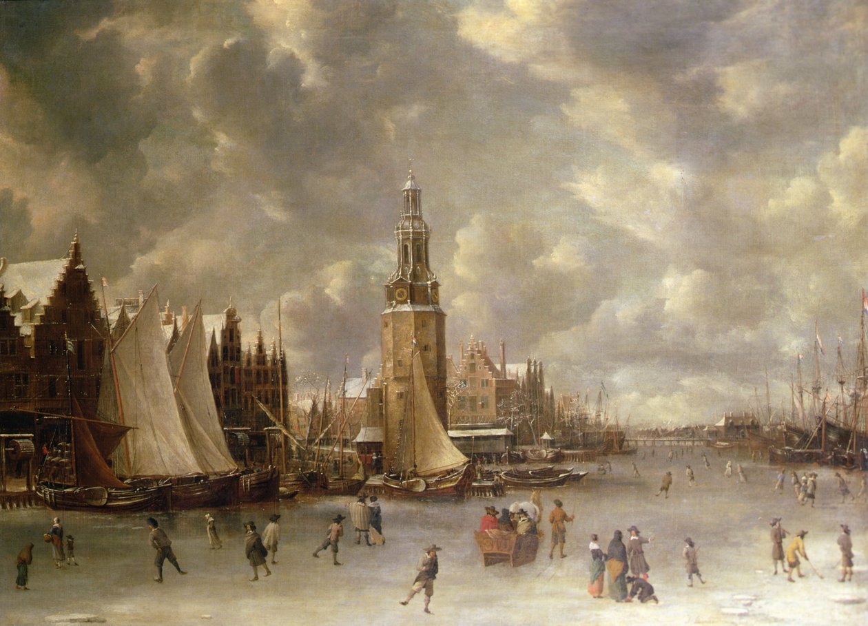 Paisagem de inverno com o Montelbaanstoren, Amsterdã (óleo sobre tela) de Jan Abrahamsz. Beerstraaten