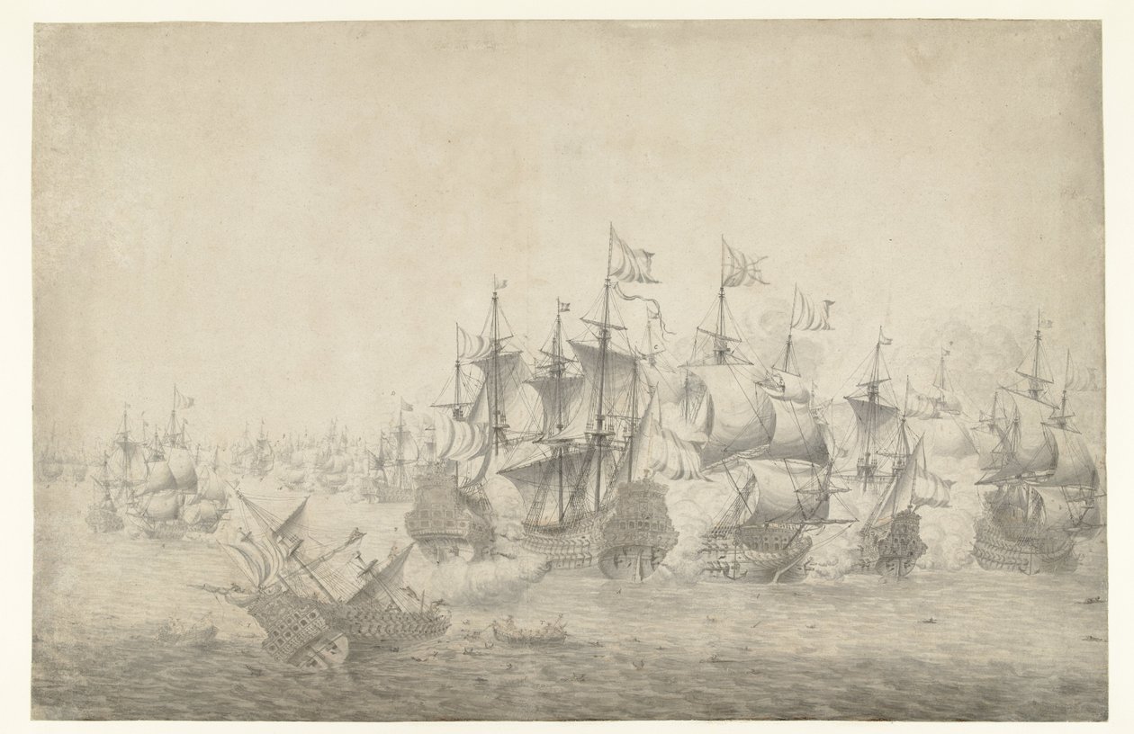 Uma batalha naval, possivelmente em Lowestoft em 13 de Junho de 1665 (página à esquerda) de Jan Abrahamsz. Beerstraten (possibly)