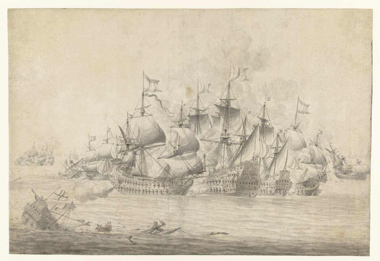 Uma batalha naval, possivelmente em Lowestoft em 13 de Junho de 1665 (página da direita) de Jan Abrahamsz. Beerstraten (possibly)