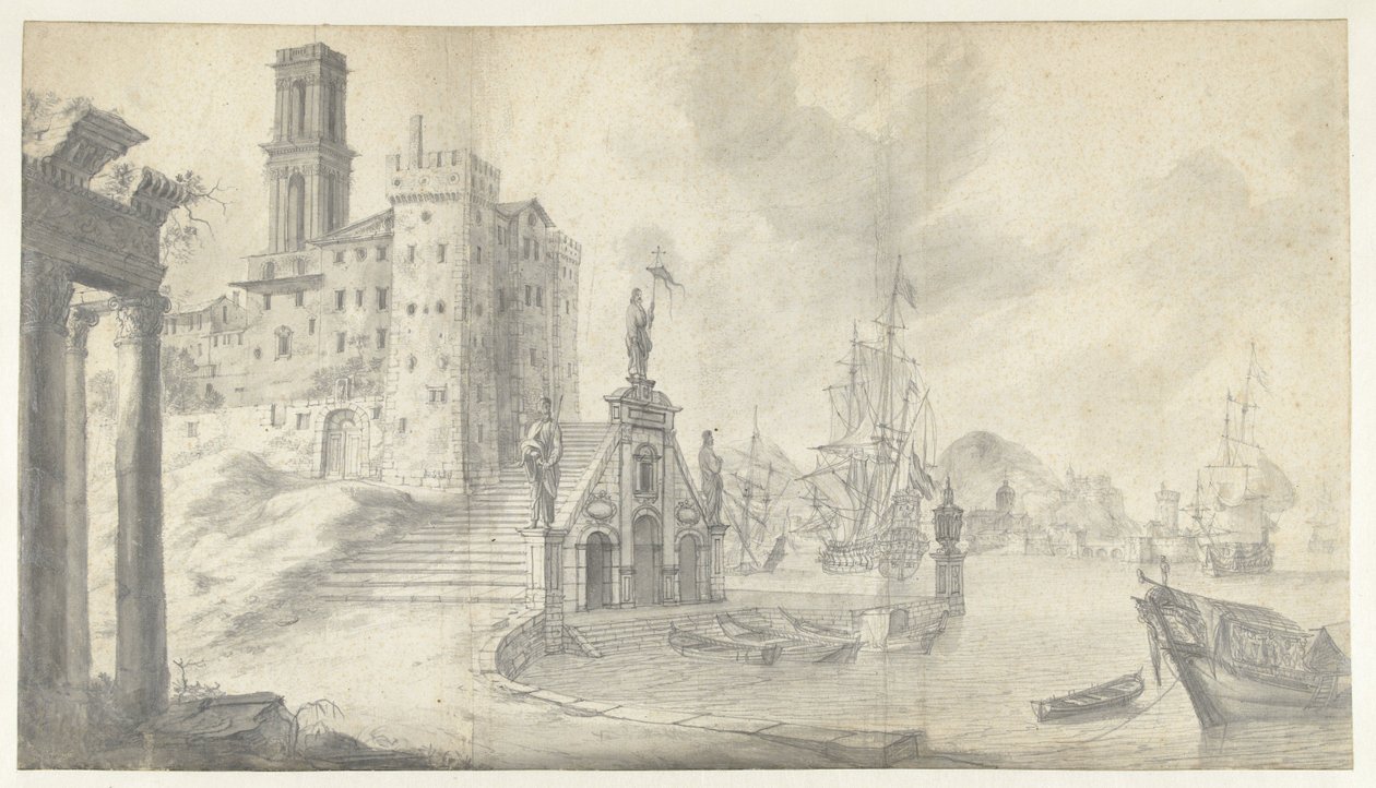 Vista do porto na cidade sobre o Mediterrâneo de Jan Abrahamsz. Beerstraten