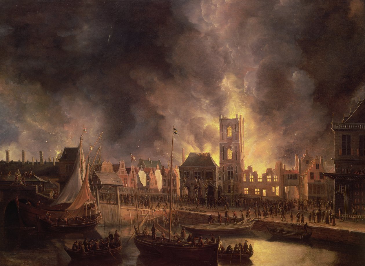 O grande incêndio na antiga Câmara Municipal, Amsterdam, 1652, do século XVII de Jan Abrahamsz. Beerstraten