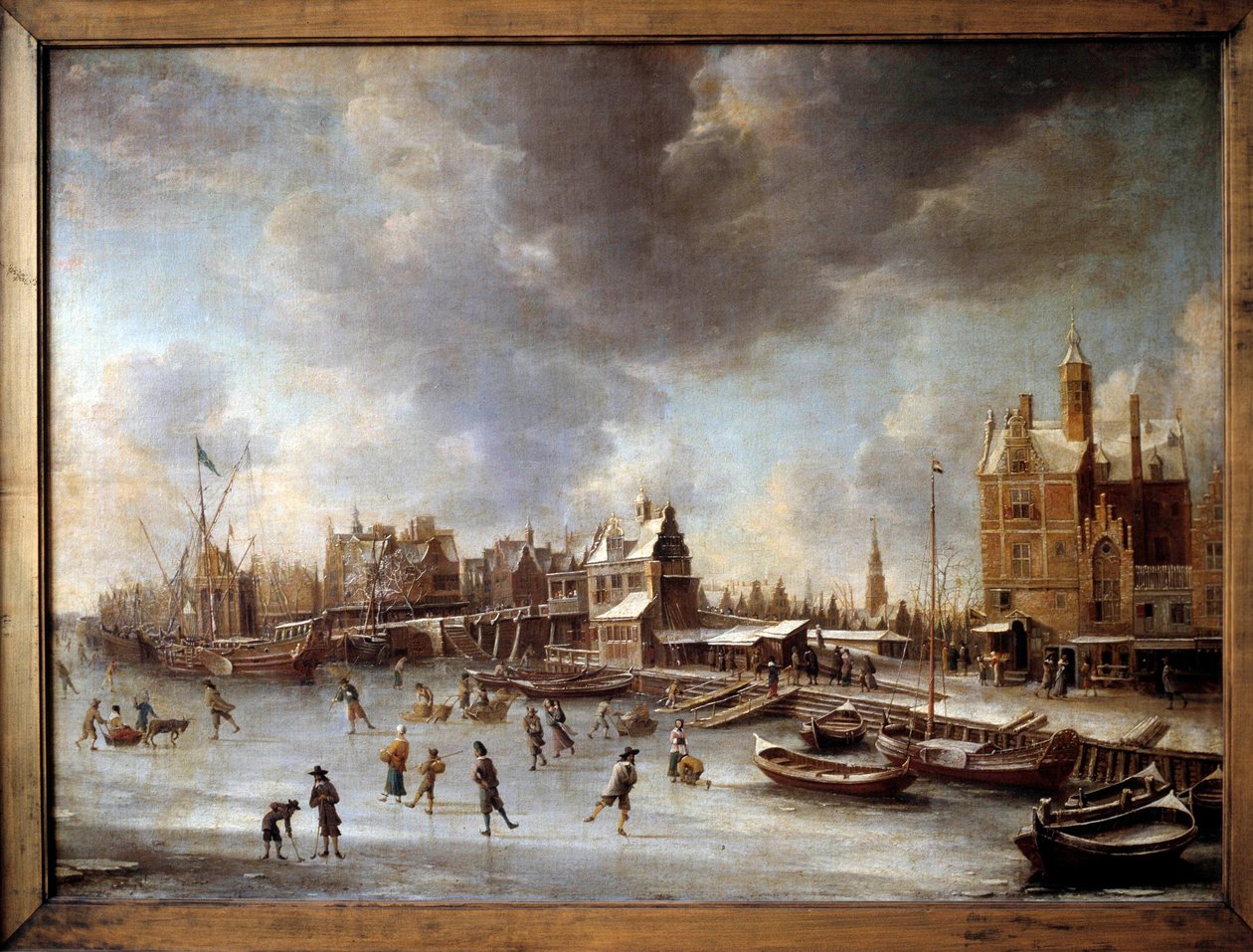 Paisagem de Inverno. Patinadores em um lago congelado. Pintura por Burstaten (1622-1666) Século XVII. Berlim, Museu Staatliche de Jan Abrahamsz. Beerstraten