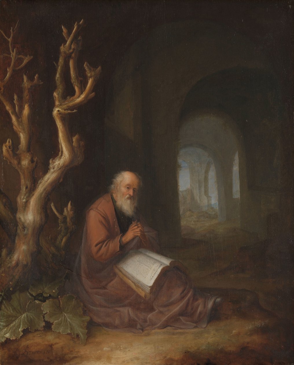 Um eremita a rezar em ruína de Jan Adriaensz. van Staveren