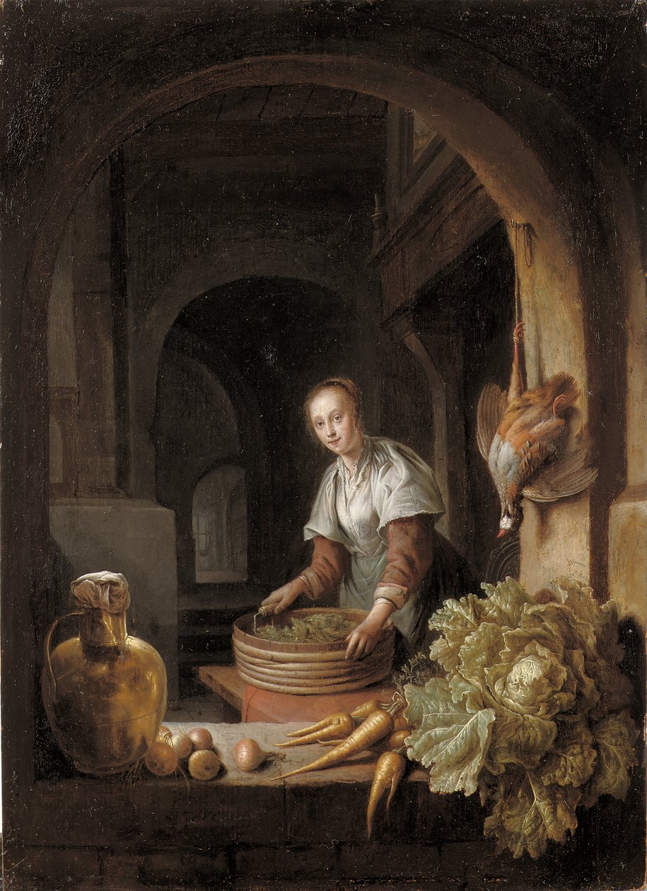 Uma empregada preparando legumes em uma cozinha de Jan Adriansz van Staveren