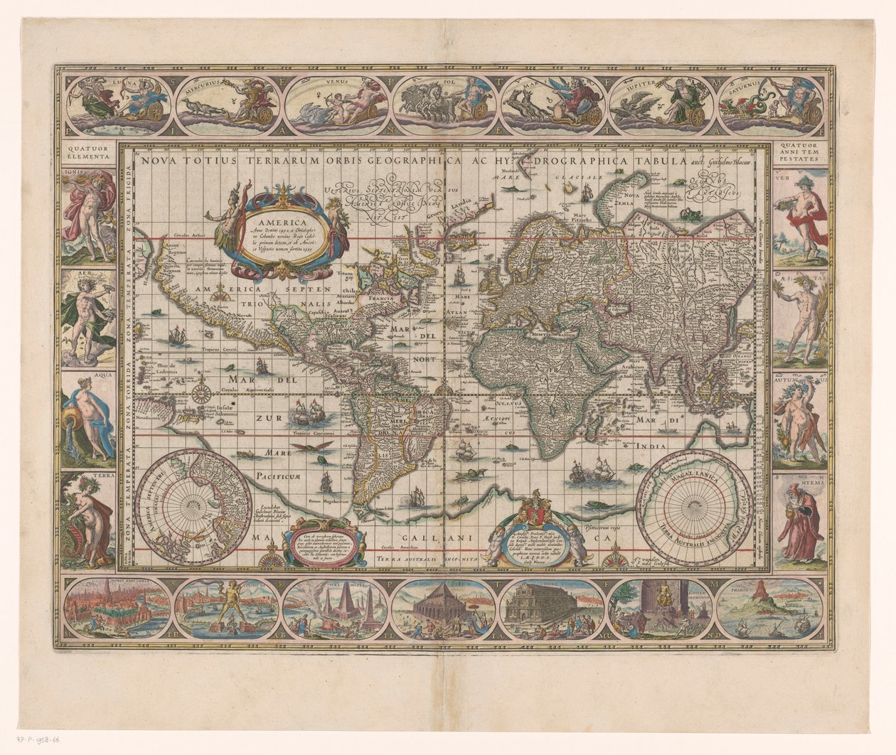 Mapa mundial com fronteiras decorativas
Nova totius terrarum orbis geographica ac hidrographica tabula de Jan Aertse van den Ende