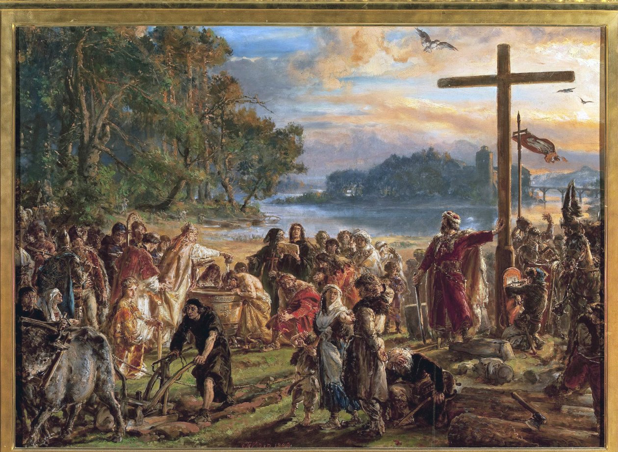 La chhristiannisation de la Pologne, 966 - A cristianização da Polônia, 966. Da série História da Civilização na Polônia, de Matejko, Jan Alojzy (1838-1893). Óleo sobre madeira de Jan Alojzy Matejko