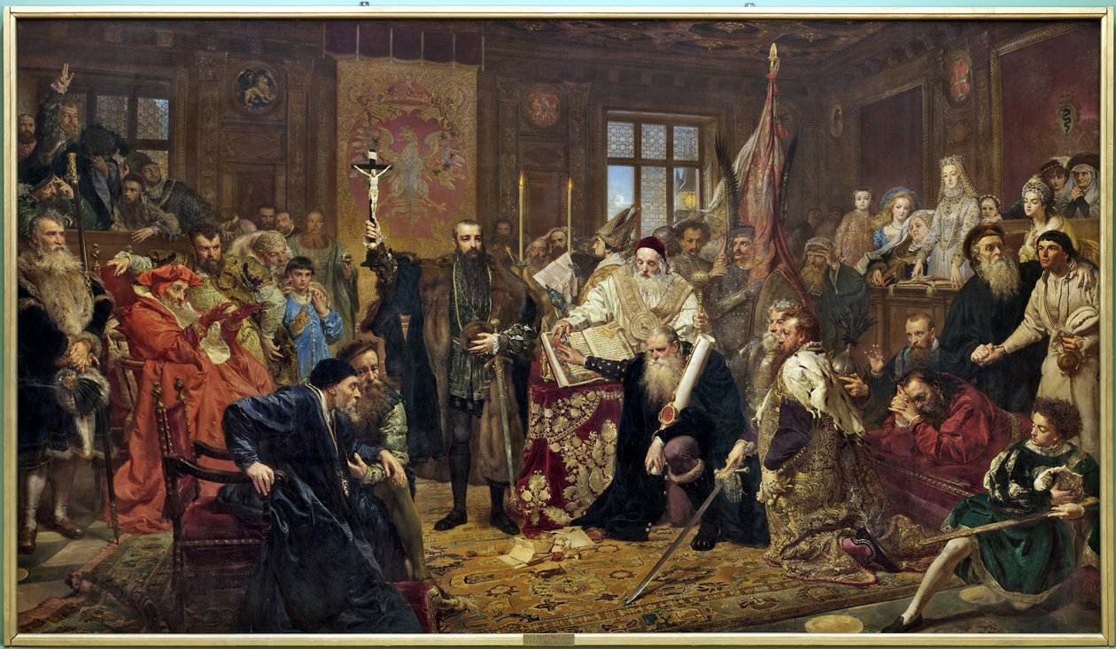 "A União de Lublin" : tratado político assinado em 1 de julho de 1569 em Lublin (Polônia), unindo o Reino da Polônia e o Grão-Ducado da Lituânia em um único Estado, a República das Duas Nações, governada por uma monarquia eleitoral através do petróleo sobr de Jan Alojzy Matejko