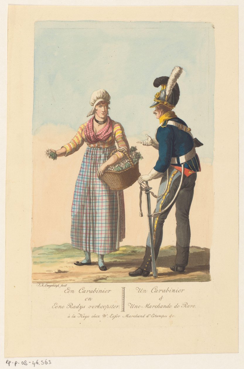 Soldado de cavalaria e uma vendedora de rabanete
A Carabinier and a Radys saleswoman / Un Carabinier & Une Marchande de Rave (título sobre o objecto) de Jan Anthonie Langendijk Dzn