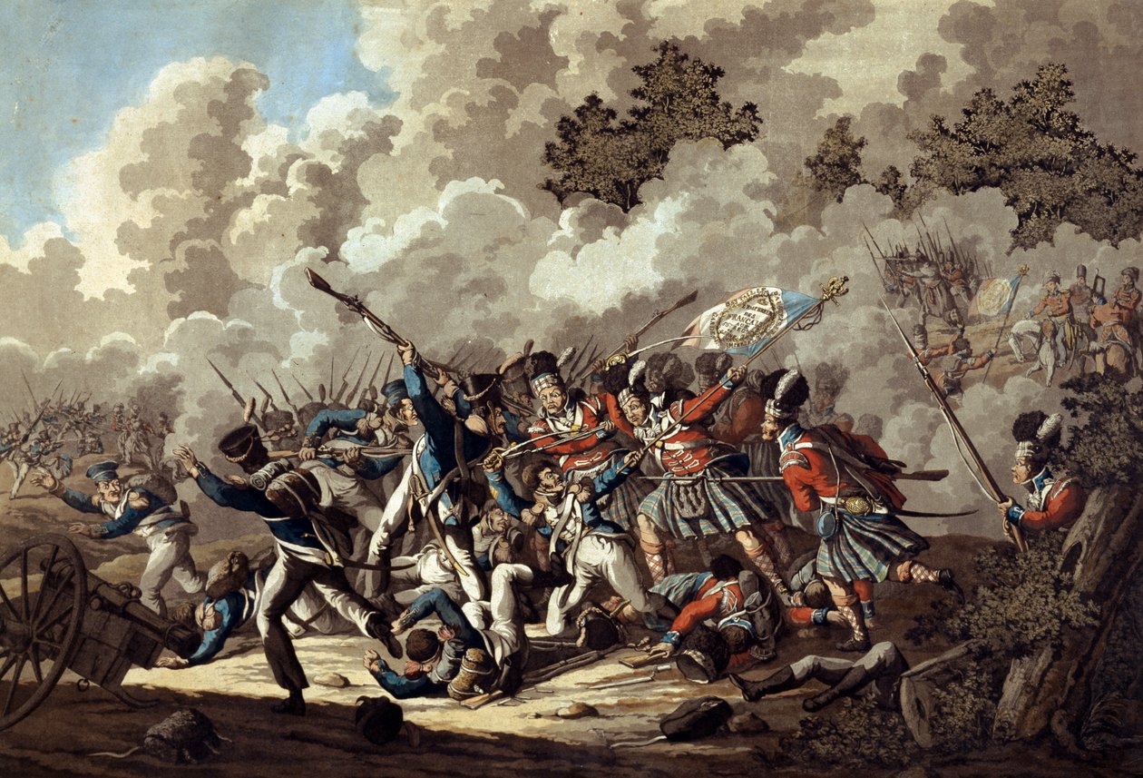 Derrota da Guarda francesa pelos Highlanders, La Haye Sainte, durante a Batalha de Waterloo, 1815 (aquatinta colorida) de Jan Anthonie Langendyk