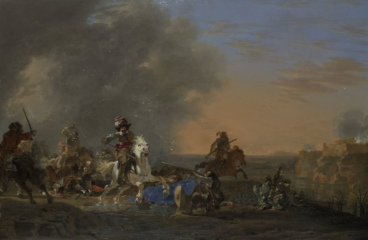 Ataque de cavalaria ao pôr do sol de Jan Asselijn
