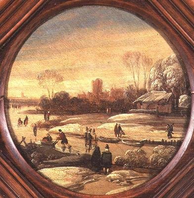 Uma paisagem de inverno com patinadores em uma hidrovia congelada de Jan Asselyn