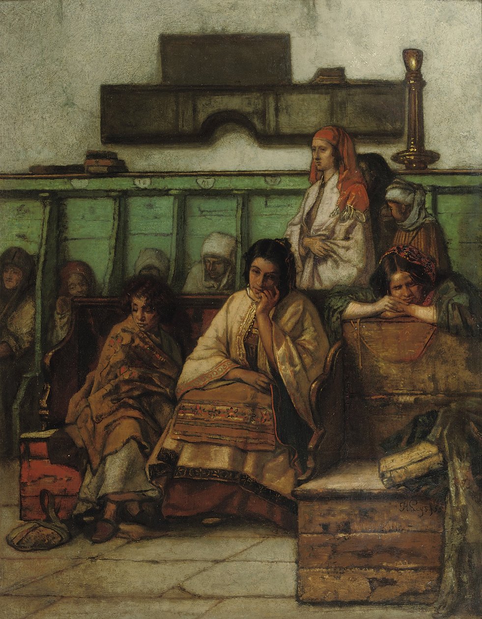 O banco das mulheres na sinagoga de Praga, 1855 de Jan August Hendrik Leys