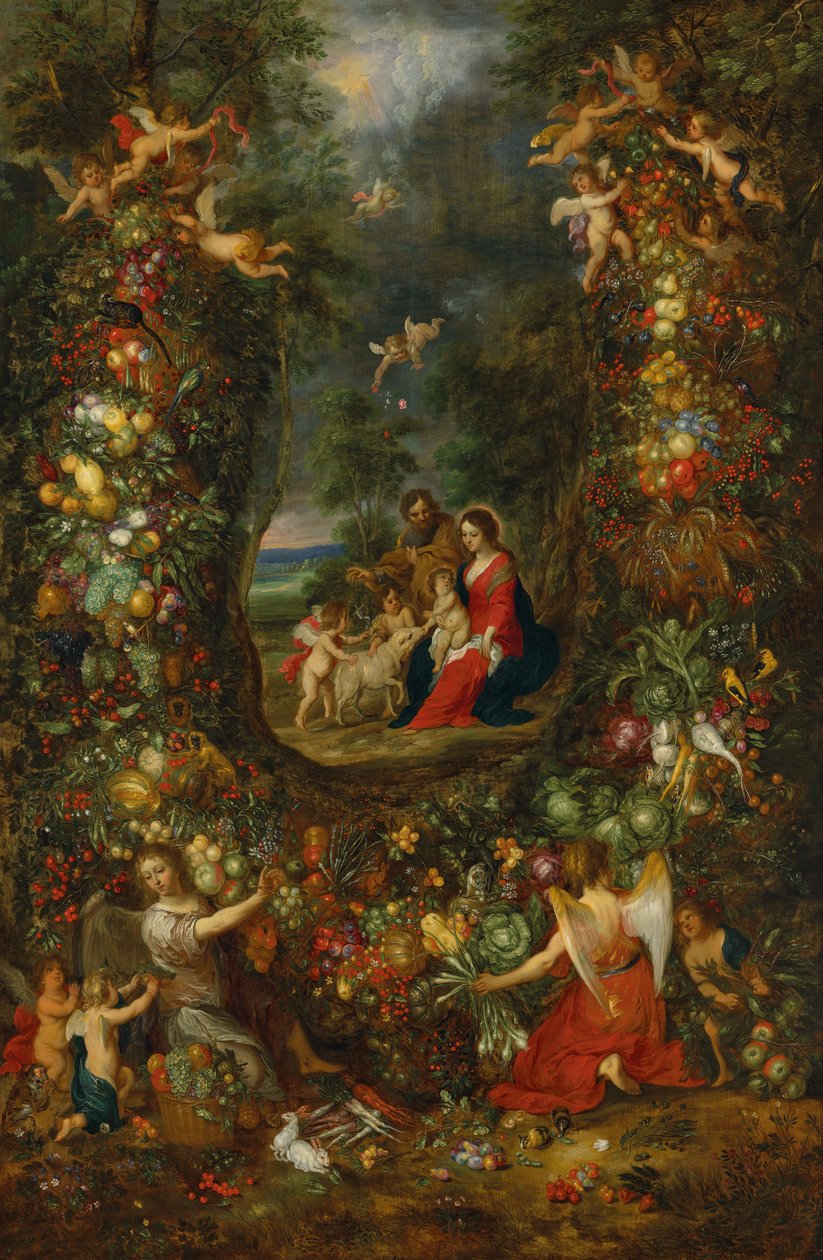 A Sagrada Família rodeada por uma grinalda de frutos sustentada por putti (óleo sobre painel) de Jan & Balen Hendrik van (1575-1632) Brueghel