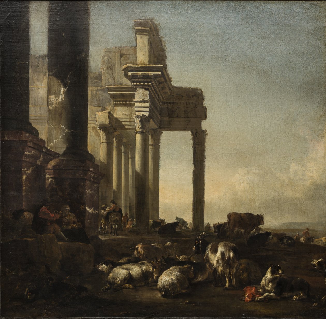 Uma paisagem italiana com camponeses, gado e ovelhas em ruínas clássicas, c.1650s (óleo sobre tela) de Jan Baptist Weenix