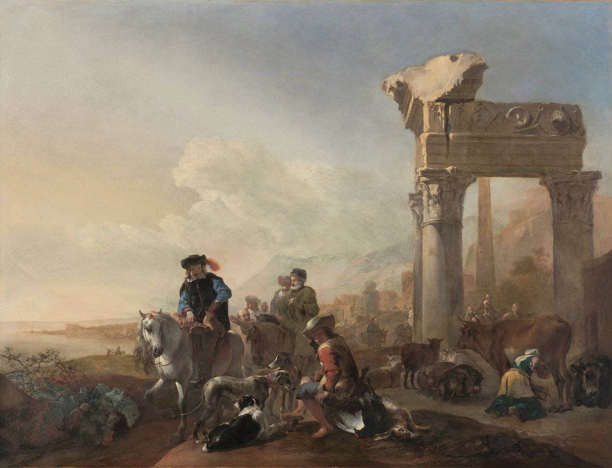 Caçadores perto das ruínas de Jan Baptist Weenix