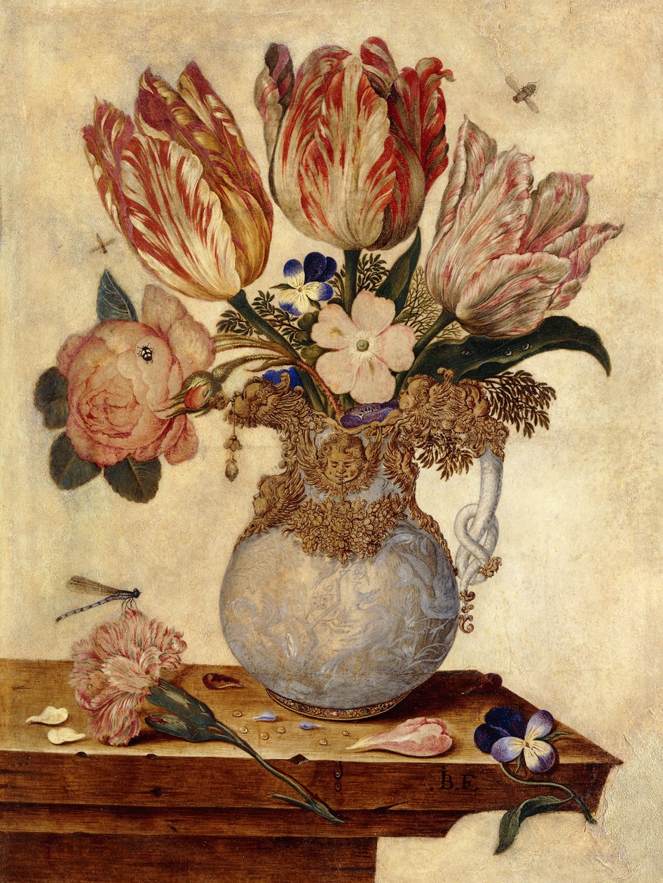 Tulipas, miosótis, peônias e outras flores em um vaso em uma borda, de Jan Baptist van Fornenburgh