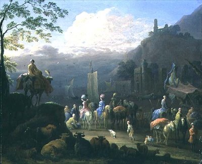 Um grupo de viajantes perto de um porto (óleo sobre cobre) de Jan Baptist van der Meiren