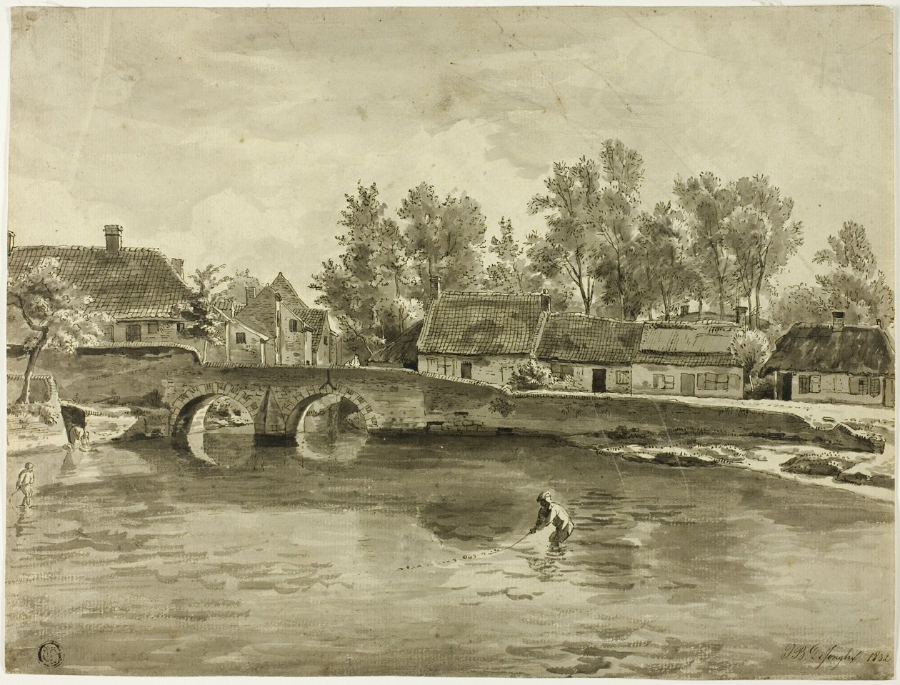 Homem pescando no rio perto da vila de Jan Baptiste de Jonghe