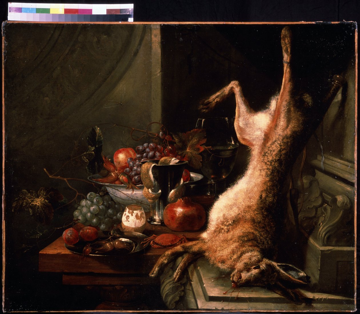 Ainda vida com uma lebre. Caranguejo ainda vida com avelã e limão com pele descascada (raspas). Pintura de Jan Baptiste van Moerkerke (1660-1689). Óleo sobre tela, arte flamenga. Museu Pushkin de Belas Artes, Moscou de Jan Baptiste van Moerkerke