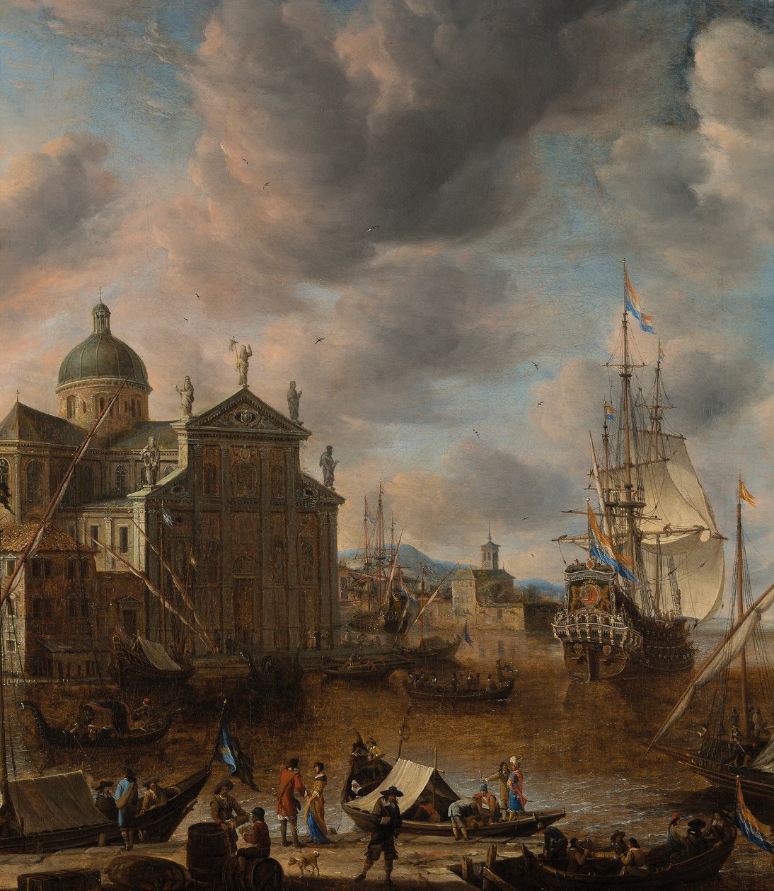 Um porto "capriccio" mediterrâneo com figuras conversando em um cais e uma amarração holandesa de três mestres além, 1665 de Jan Beerstraten