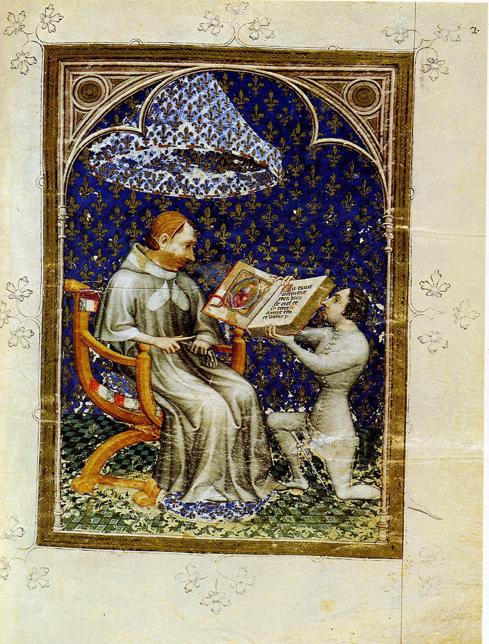 Jean de Vaudetar apresenta seu presente de livro a Carlos V da França. Da história da Bíblia de Jean de Vaudetar, 1372 de Jan Bondol