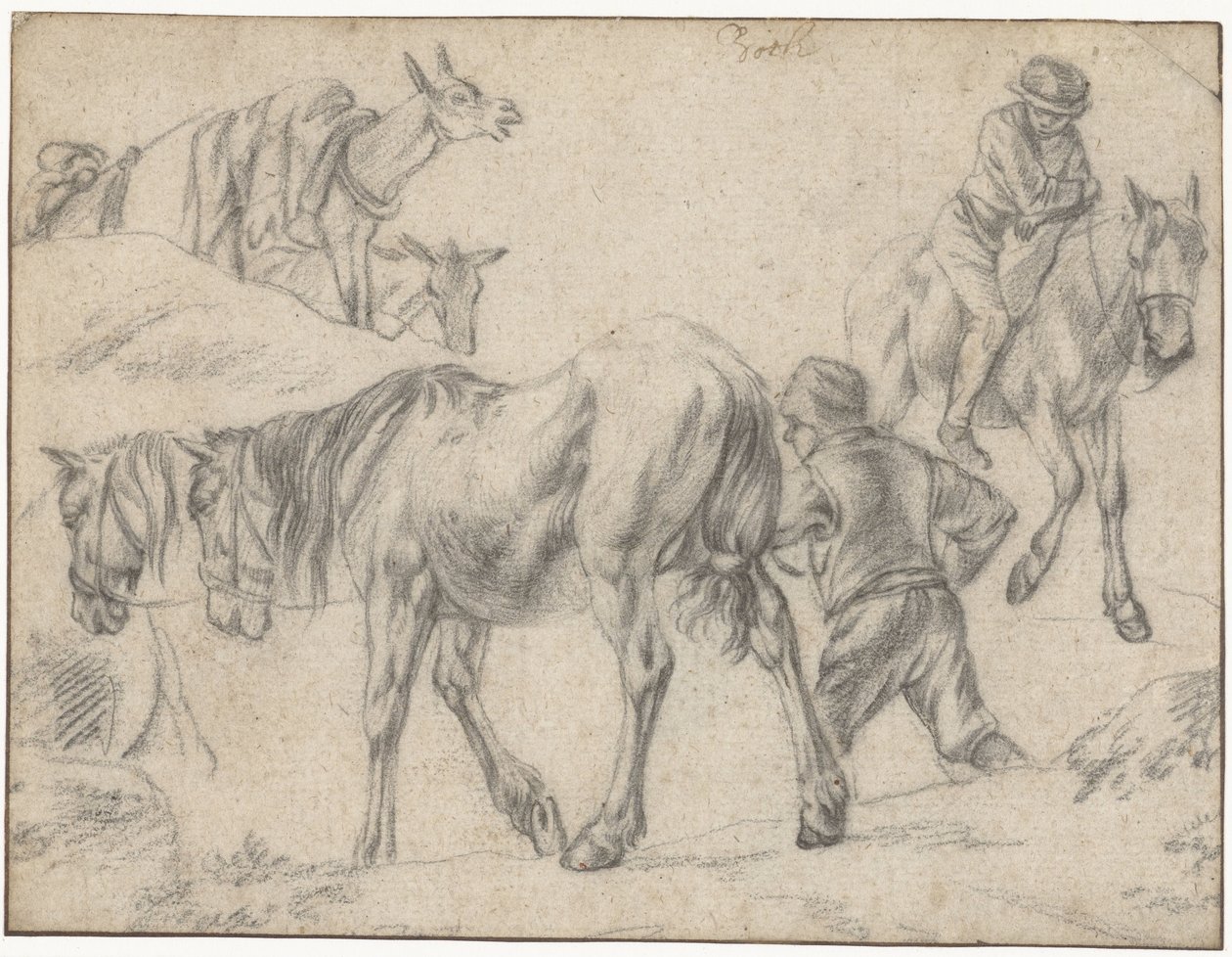 Folha de estudo com figuras, cavalos e burros de Jan Both