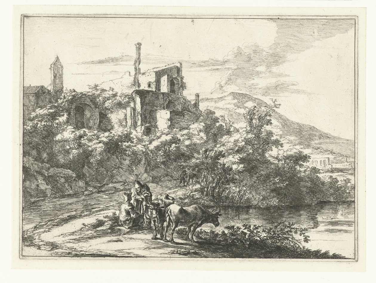 Duas vacas à beira da água no Tivoli Paisagens ao redor de Roma (título da série) de Jan Both