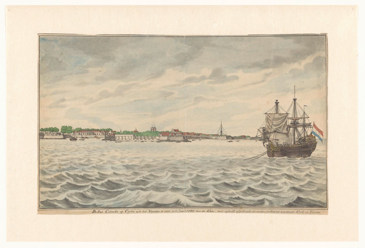 A cidade de Colombo no Ceilão vista do Norte no ano de 1785 a partir das Estradas, com a sua Igreja e Torre Demolidas, que estavam a ser reconstruídas. (título sobre o objecto) de Jan Brandes (signed by artist)