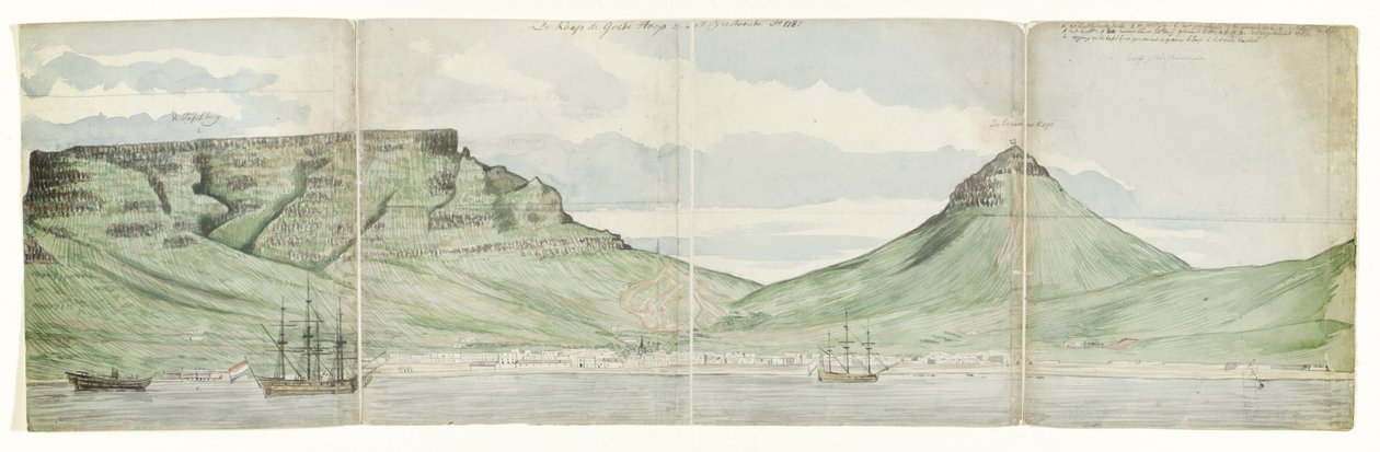 Table Mountain e Cidade do Cabo vista do mar
O Cabo da Boa Esperança tal como parecia Ao. 1787 (título sobre o objecto) de Jan Brandes