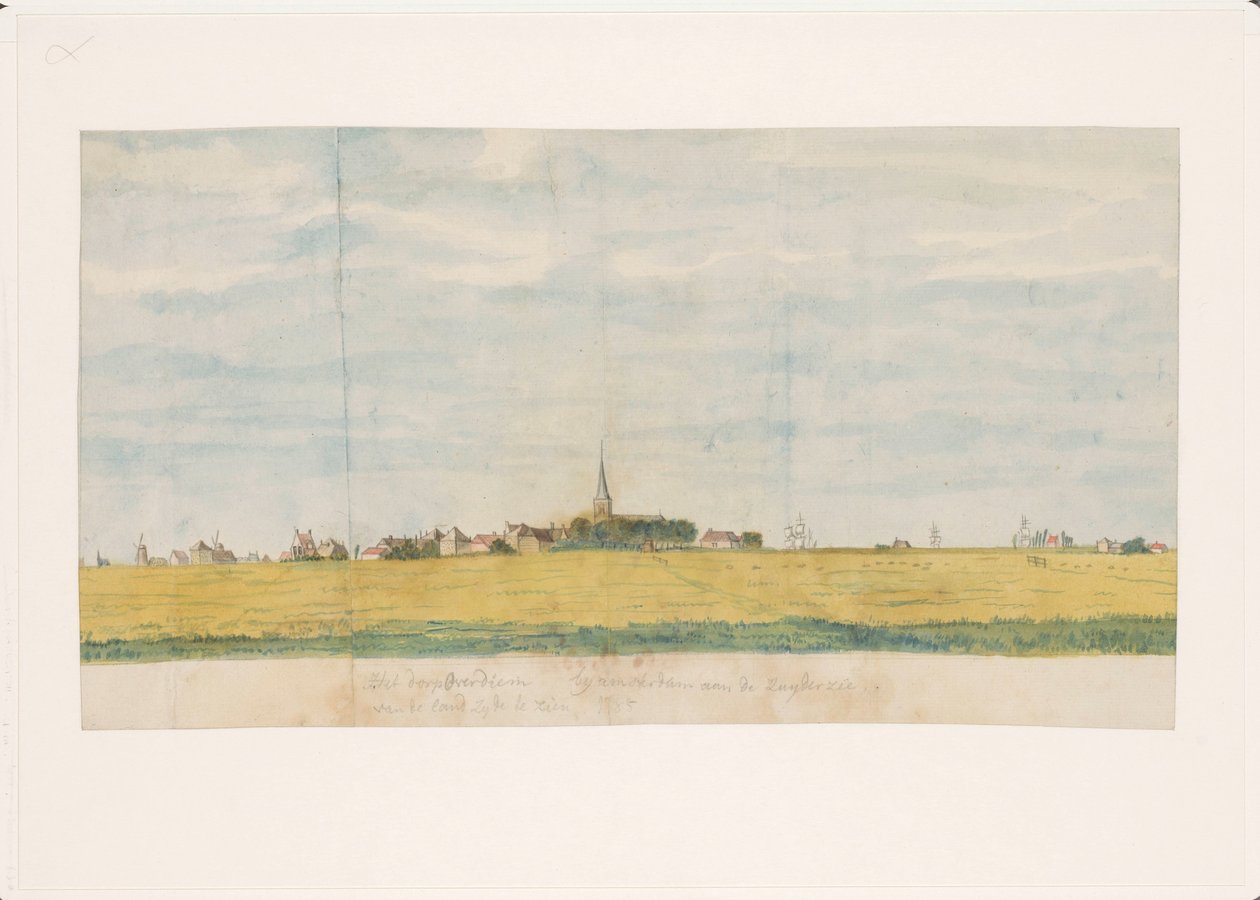 A vila de Overdiem perto de Amsterdã no Zuyderzee, vista do lado da terra (título no objeto) de Jan Brandes