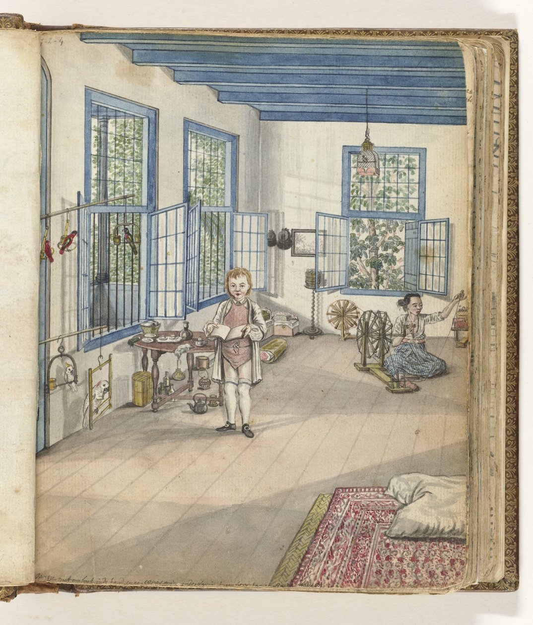 Sala de estar com o filho Jantje e Flora, uma escrava, em uma roca de Jan Brandes