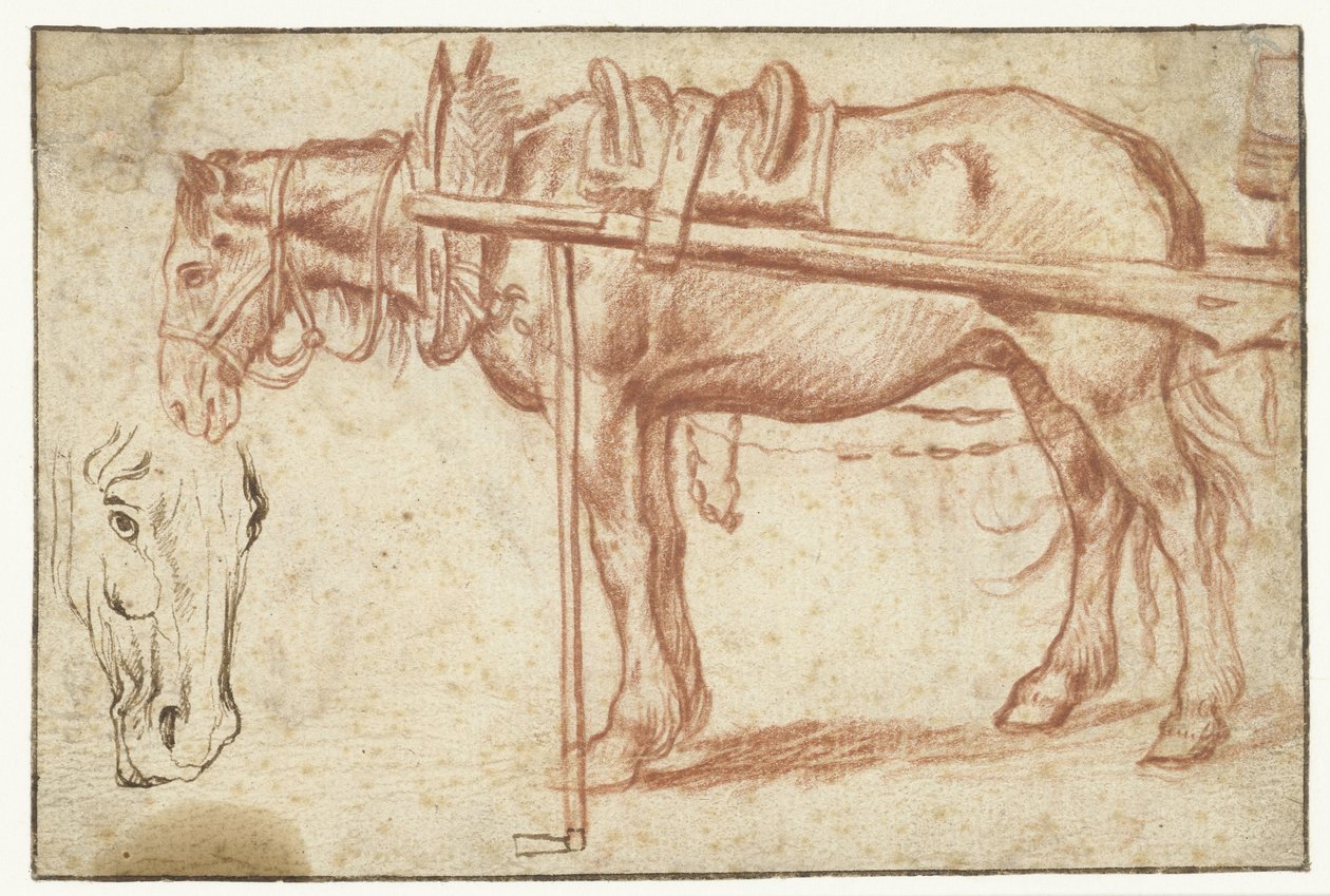 Cavalo na frente de uma carroça e uma cabeça de cavalo de Jan Brueghel (I)