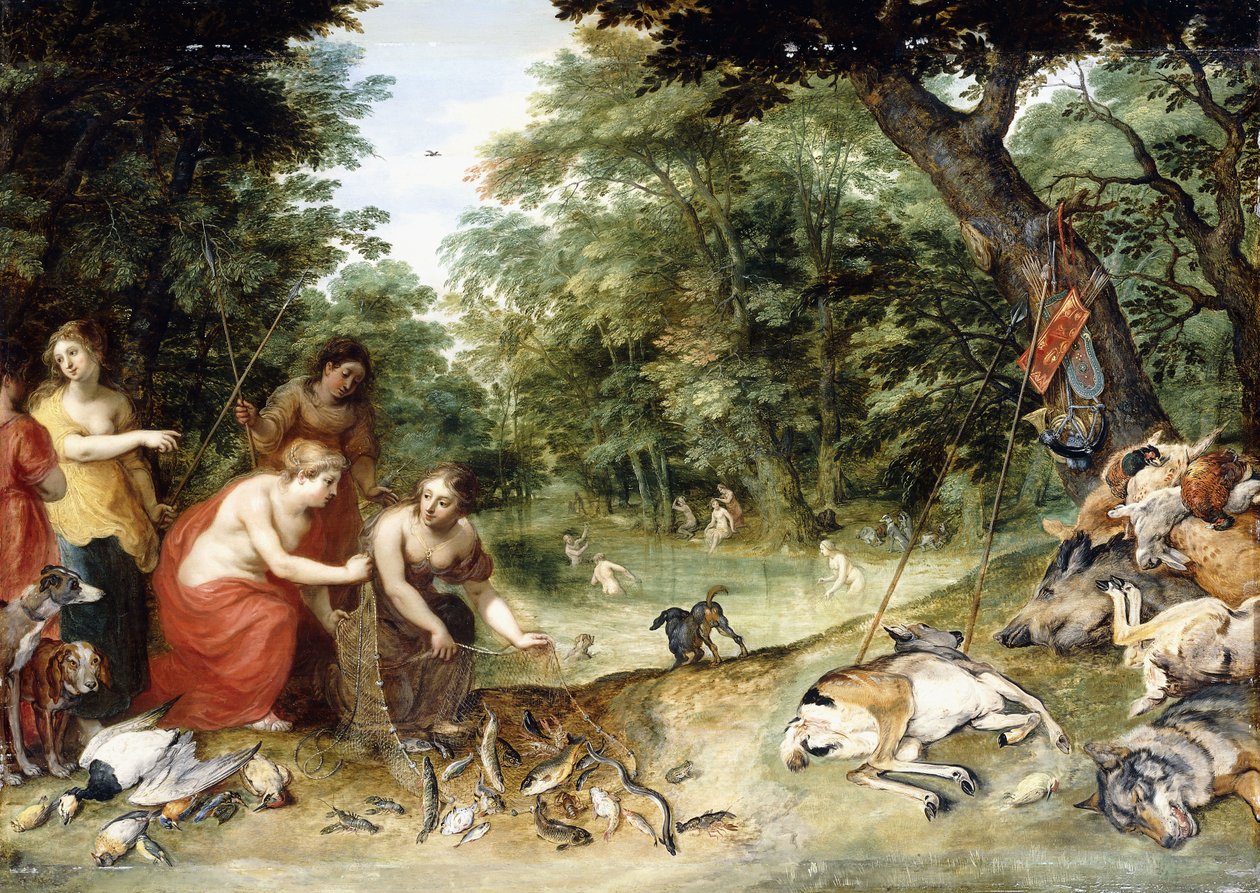 Uma alegoria dos elementos, terra, ar e água: ninfas banhando-se em uma clareira arborizada com troféus da caça nas proximidades, c.1621 de Jan Brueghel the Elder