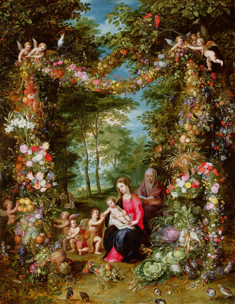 A Virgem e o Menino com o bebê São João Batista, Santa Ana e anjos, cercados por uma guirlanda de flores e frutas de Jan Brueghel the Elder