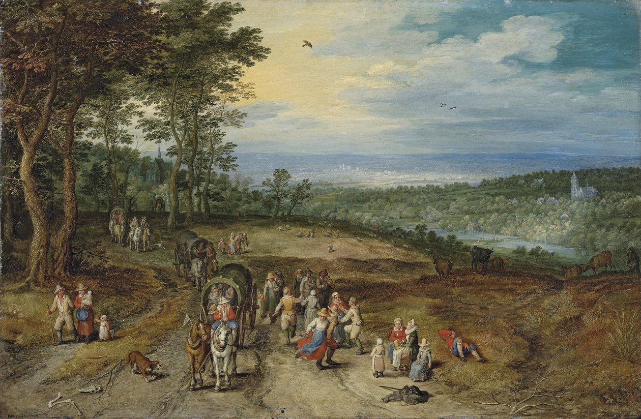 Uma extensa paisagem arborizada com viajantes num caminho e camponeses a dançar em primeiro plano / Landscape with Travellers and Peasants on a Track de Jan Brueghel the Elder