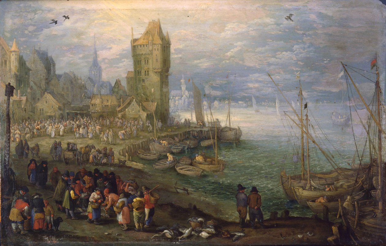 Holandês: Mercado de peixe perto de um porto Mercado de peixe perto de um porto de Jan Brueghel the Elder