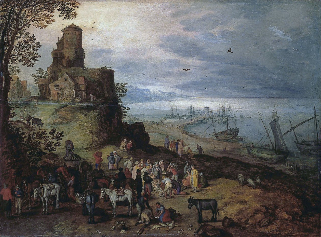 Mercado do Peixe (Chamando os Apóstolos Pedro e André) de Jan Brueghel the Elder