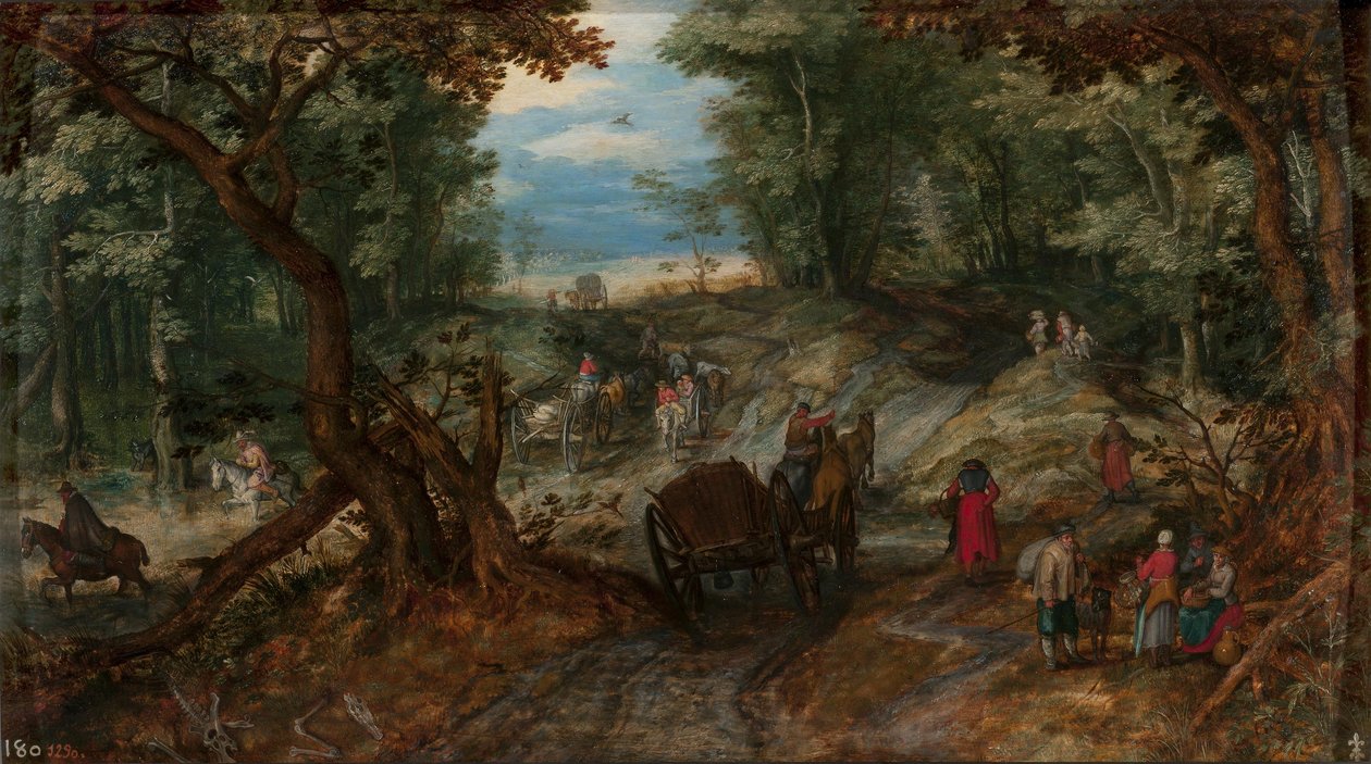 Floresta com carroças a atravessar um riacho e cavaleiros de Jan Brueghel the Elder
