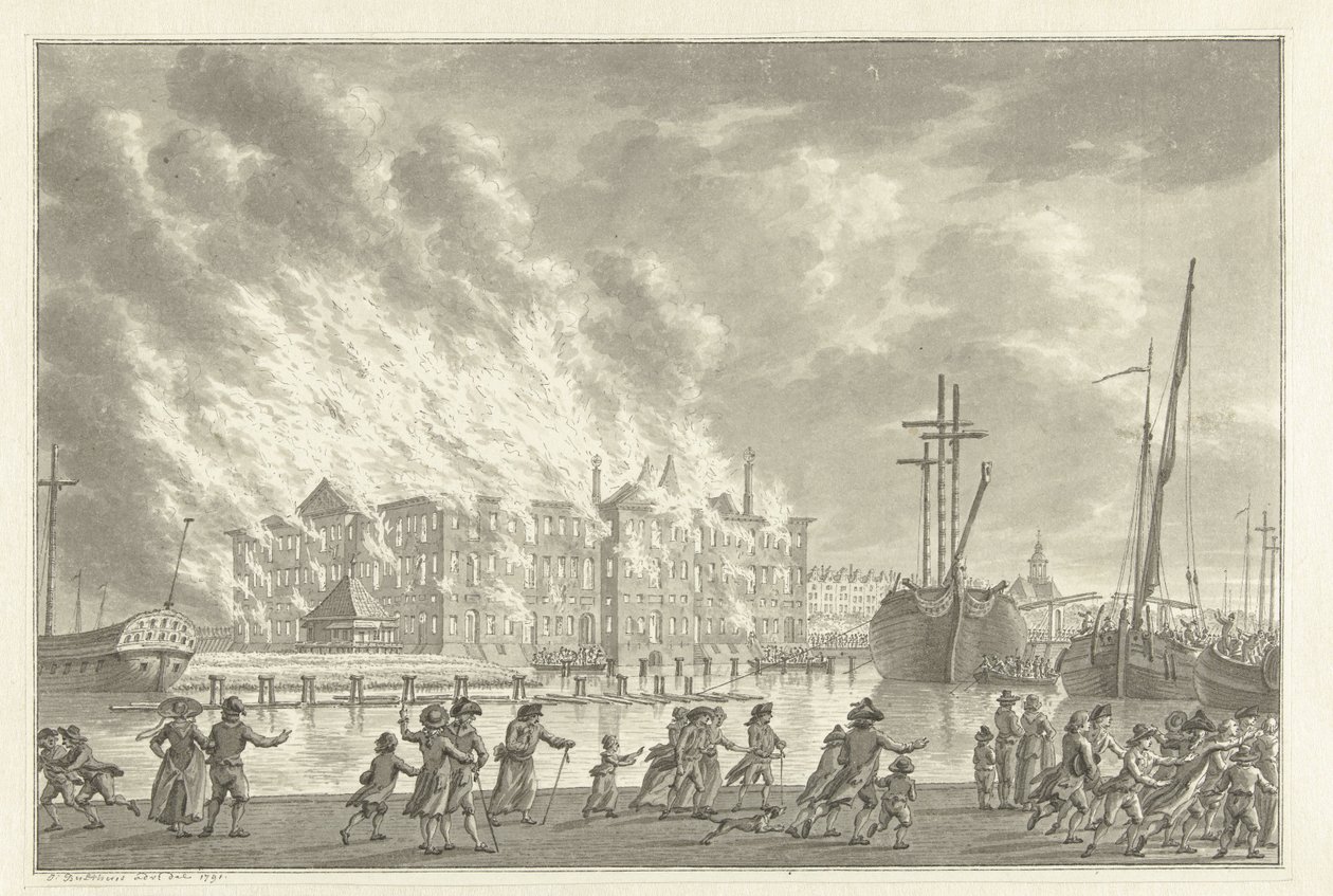Incêndio nas Terras Zeemagazijn, 1791 de Jan Bulthuis (signed by artist)