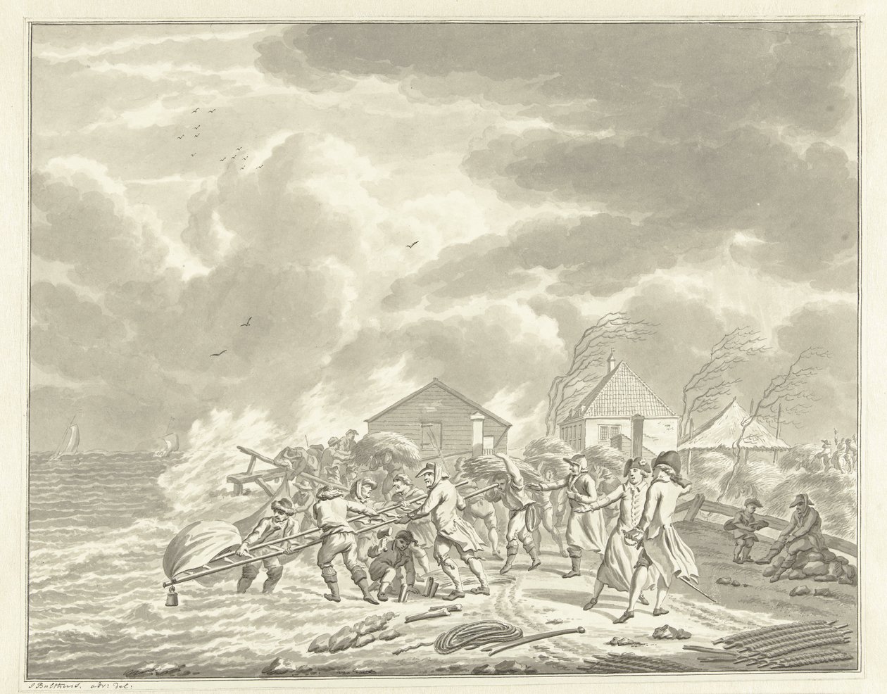 A inundação do Diemerzeedijk perto de Amesterdão, 1776 de Jan Bulthuis (signed by artist)