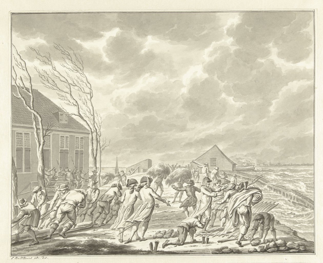 A inundação do Diemerzeedijk perto de Amsterdã, 1776 de Jan Bulthuis (signed by artist)