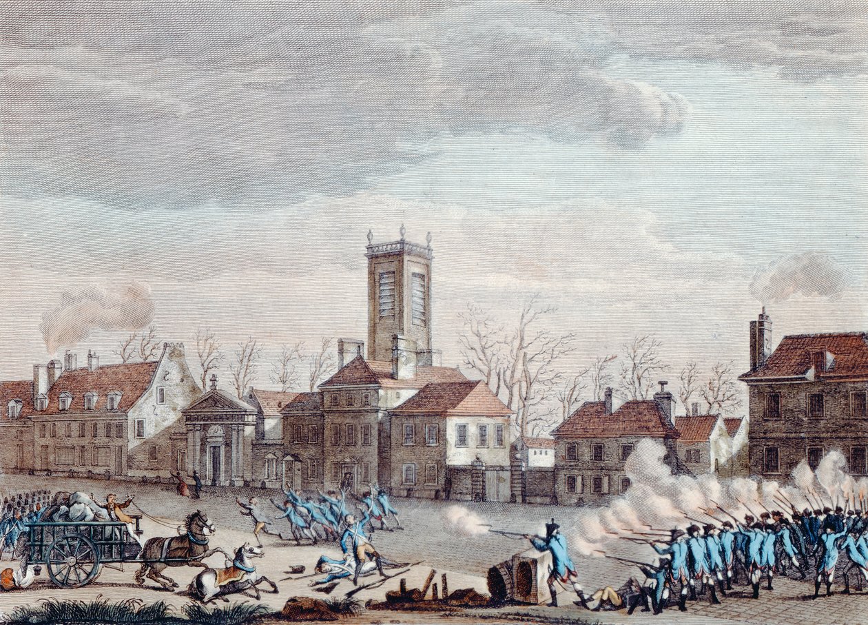 Batalha em frente à Eglise de la Chapelle, em Paris. entre os guardiões das barreiras dos Fermiers Generaux e os revolucionários em 24 de janeiro de 1791, c.1795 de Jan Bulthuis