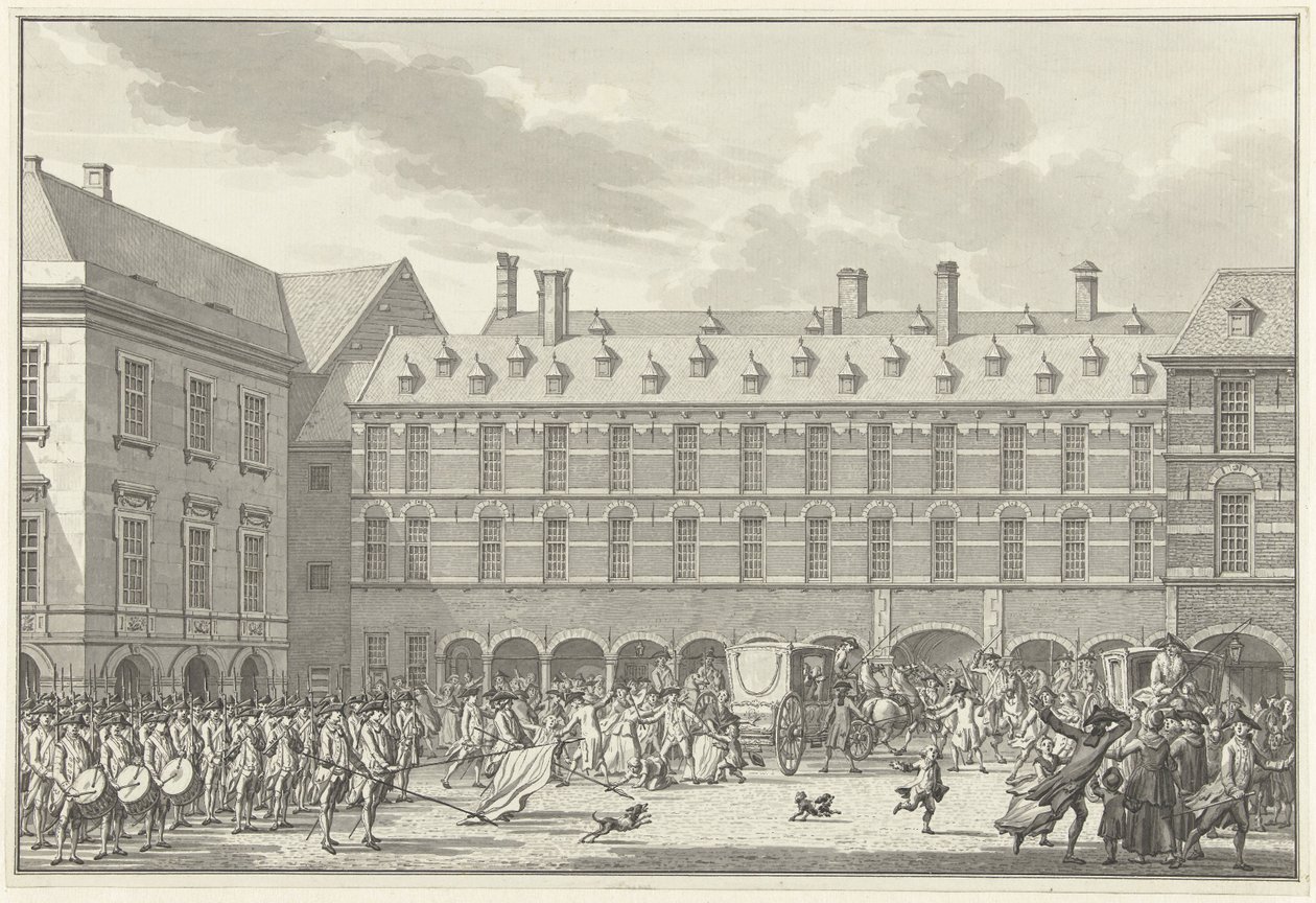 Riots como os deputados de Dordrecht cavalgam através do Stadholder Gate no Binnenhof, 1786 de Jan Bulthuis