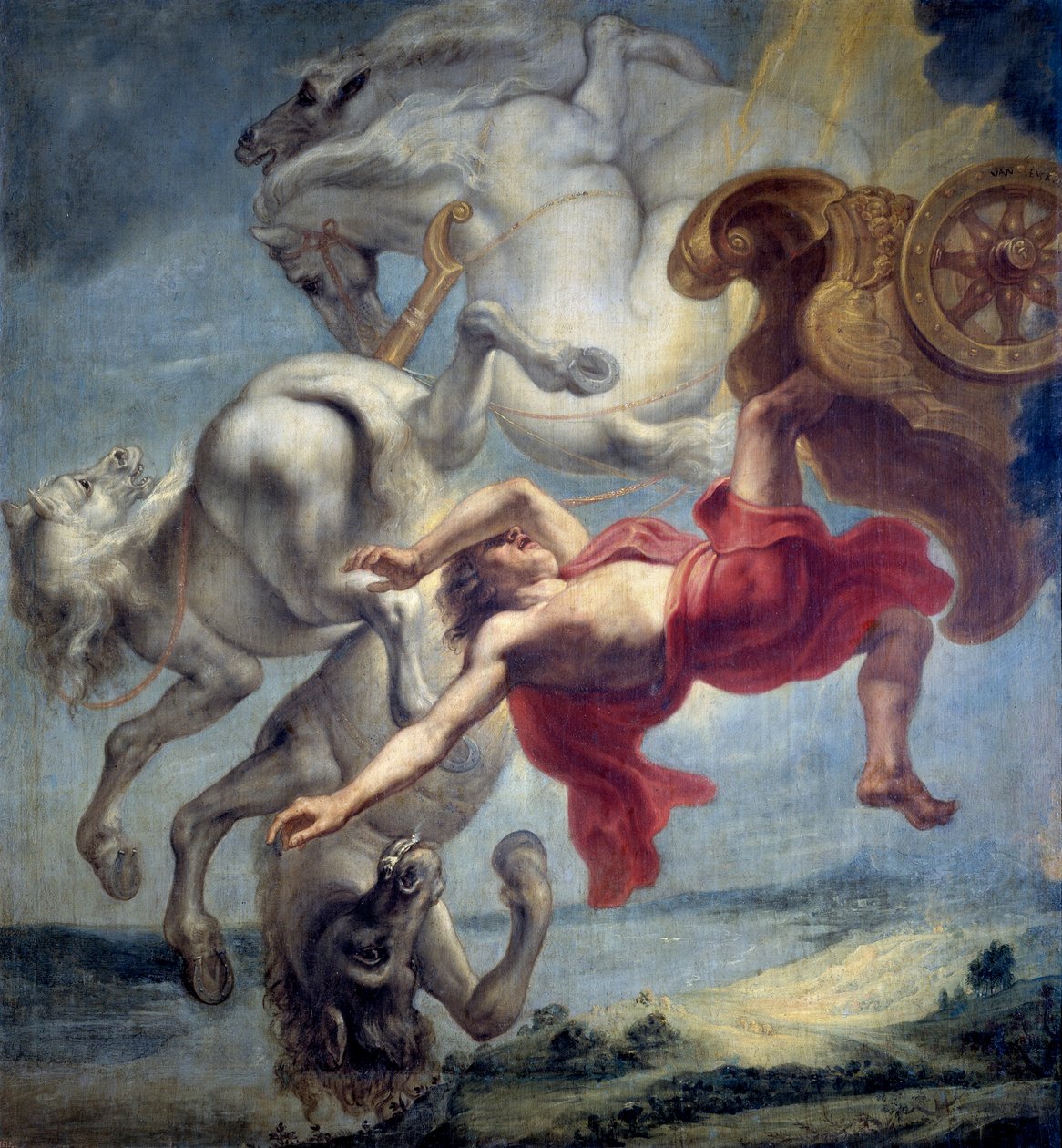 A queda de Phaeton: incapaz de dominar a carruagem de Helios, Phaeton (Phaethon) é derrubado por Zeus, e cai no rio Eridan (A queda de Phaeton) - Pintura de Jan Carel van Eyck (1649-cerca de 1690), Óleo sobre tela, final do século XVII, Dim: 197x18 de Jan Carel van Eyck